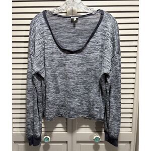 Selfie Gray/White Cropped Sweater Scoop Neck‎ Long Sleeve Raw Hem Size XL